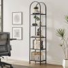 Arched Top Black Metal Display Rack Narrow Bookcase with 5 Glass Storage Shelves