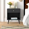 Mid-Century Farmhouse 1-Drawer Nightstand with Open Shelf in Black Wood Finish