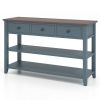 Blue Walnut Top Modern Entryway Console Table 3 Drawer Open Shelves
