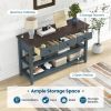 Blue Walnut Top Modern Entryway Console Table 3 Drawer Open Shelves