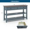 Blue Walnut Top Modern Entryway Console Table 3 Drawer Open Shelves