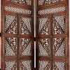 Traditional Four Panel Wooden Room Divider with Hand Carved Details, Antique Brown
