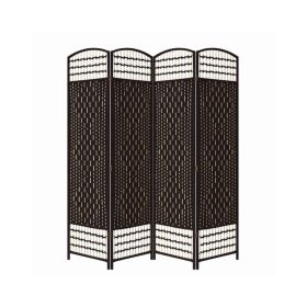 67 Inch 4 Panel Room Divider Screen, Wood, Paper Straw, Arched Top, Espresso Brown