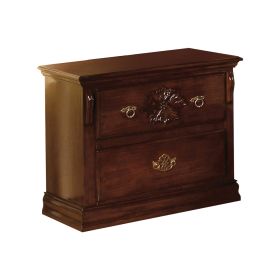 2 Drawer Wooden Nightstand with Carved Floral Accents, Dark Brown