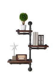 Metal Body Floating Three Wall Shelves with Pipe Design, Gray and Brown