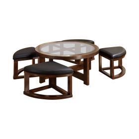 Gracious Round Wooden Coffee Table With Stylish Wedge Shaped 4 Ottomans