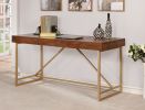 Modern Style Wooden Writing Desk with Unique Metal Legs, Walnut Brown and Gold