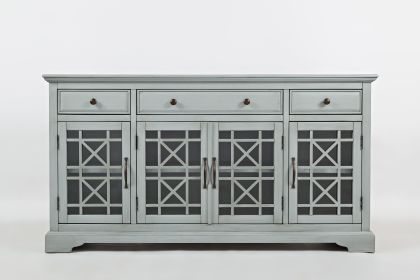 Koi 60 Inch Acacia Wood TV Media Entertainment Center Console, 4 Glass Doors, Crossed Wood Design, Dove Gray