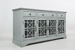 Koi 60 Inch Acacia Wood TV Media Entertainment Center Console, 4 Glass Doors, Crossed Wood Design, Dove Gray