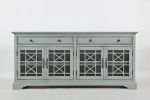 Koi 70 Inch Acacia Wood TV Media Entertainment Center Console, 4 Glass Doors, Crossed Wood Design, Dove Gray