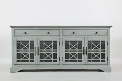 Koi 70 Inch Acacia Wood TV Media Entertainment Center Console, 4 Glass Doors, Crossed Wood Design, Dove Gray