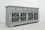 Koi 70 Inch Acacia Wood TV Media Entertainment Center Console, 4 Glass Doors, Crossed Wood Design, Dove Gray