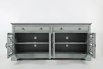 Koi 70 Inch Acacia Wood TV Media Entertainment Center Console, 4 Glass Doors, Crossed Wood Design, Dove Gray