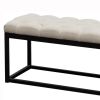 Linen Upholstered Metal Contemporary Bench with Diamond Tuft Details, Beige and Black