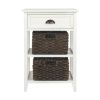 Cottage Style Wooden Accent Table with Two Woven Storage Baskets, White and Brown