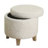 Fabric Upholstered Round Wooden Ottoman with Lift Off Lid Storage, Gray and Brown