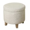 Fabric Upholstered Round Wooden Ottoman with Lift Off Lid Storage, Gray and Brown