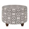 Medallion Pattern Fabric Upholstered Ottoman with Wooden Bun Feet, Cream and Black