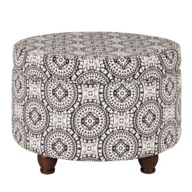 Medallion Pattern Fabric Upholstered Ottoman with Wooden Bun Feet, Cream and Black