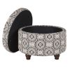 Medallion Pattern Fabric Upholstered Ottoman with Wooden Bun Feet, Cream and Black