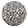 Medallion Pattern Fabric Upholstered Ottoman with Wooden Bun Feet, Cream and Black