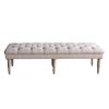 Wooden Bench with Button Tufted Fabric Upholstered Seat and Turned Legs, Cream