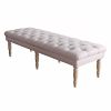 Wooden Bench with Button Tufted Fabric Upholstered Seat and Turned Legs, Cream