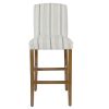 Fabric Upholstered Wooden Barstool with Striped Cushioned Seat, White and Blue