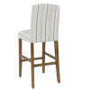 Fabric Upholstered Wooden Barstool with Striped Cushioned Seat, White and Blue