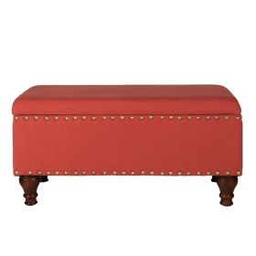 Fabric Upholstered Wooden Storage Bench With Nail head Trim, Large, Orange and Brown