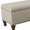 Textured Fabric Upholstered Wooden Storage Bench With Nail head Trim, Large, Beige and Brown
