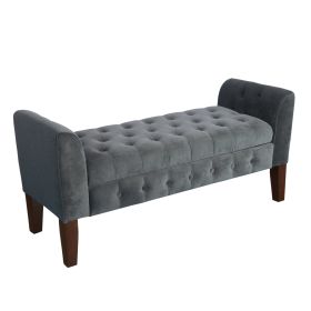 Velvet Upholstered Button Tufted Wooden Bench Settee With Hinged Storage, Dark Gray and Brown