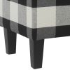 Checkered Pattern Fabric Upholstered Storage Bench With Tapered Wood Legs, Large, Black and White