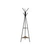 Iron Framed Coat Rack Stand with Six Hooks and Two Wooden Shelf, Black and Brown