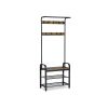 72 Inch Industrial Metal Framed Coat Rack, 9 Hooks, 2 Storage Shelves, Rustic Brown, Black