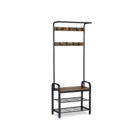 72 Inch Industrial Metal Framed Coat Rack, 9 Hooks, 2 Storage Shelves, Rustic Brown, Black