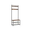 69 Inch Industrial Metal Frame Coat Rack, Nine Hooks, 2 Slatted Shelves, Rustic Brown, Black