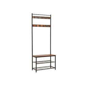 69 Inch Industrial Metal Frame Coat Rack, Nine Hooks, 2 Slatted Shelves, Rustic Brown, Black