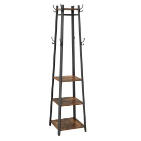 71 Inch Industrial Metal Frame Coat Rack, 3 Wood Shelves, Rustic Brown, Black