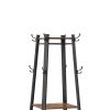 71 Inch Industrial Metal Frame Coat Rack, 3 Wood Shelves, Rustic Brown, Black