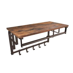 26 Inch Industrial Metal Frame Wall Mount Coat Rack, 5 Hooks, 1 Shelf, Rustic Brown, Black