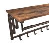26 Inch Industrial Metal Frame Wall Mount Coat Rack, 5 Hooks, 1 Shelf, Rustic Brown, Black