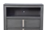 Transitional Style Wooden Media Chest With Two Drawers and One Open Shelf, Gray
