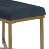 Metal Framed Bench with Button Tufted Velvet Upholstered Seat, Dark Blue and Gold
