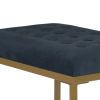 Metal Framed Bench with Button Tufted Velvet Upholstered Seat, Dark Blue and Gold