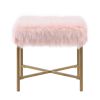 Square Faux Fur Upholstered Ottoman with Tubular Metal Legs and X Shape Base, Pink and Gold
