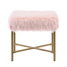 Square Faux Fur Upholstered Ottoman with Tubular Metal Legs and X Shape Base, Pink and Gold