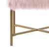Square Faux Fur Upholstered Ottoman with Tubular Metal Legs and X Shape Base, Pink and Gold