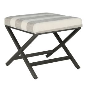 Stripe Pattern Fabric Upholstered Ottoman with X Shape Metal Legs, Cream and Gray