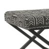 Tribal Pattern Fabric Upholstered Ottoman with X Shape Metal Legs, Black and Cream